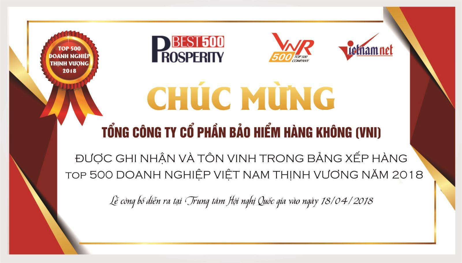 VNI được ghi nhận và tôn vinh trong Bảng xếp hạng TOP 500 doanh nghiệp Việt Nam thịnh vượng 2018 của VNR