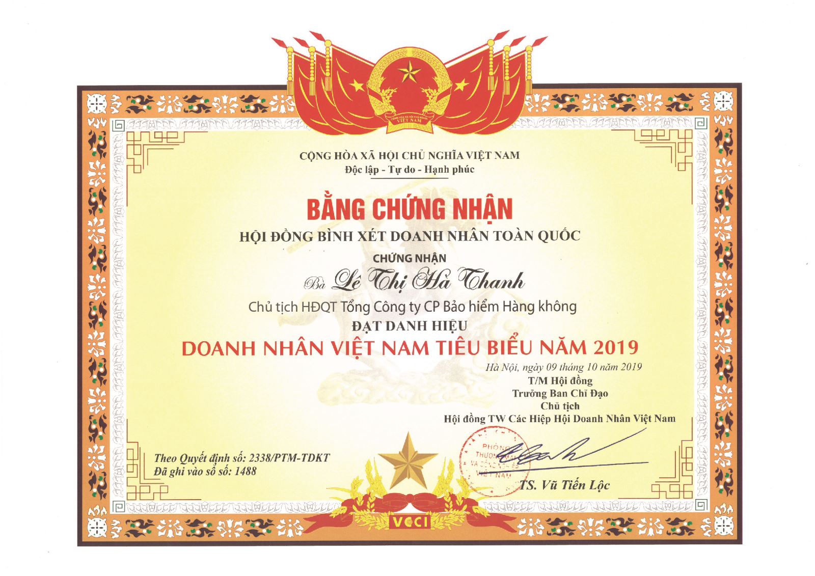 VNI nhận danh hiệu Doanh nhân tiêu biểu 2019